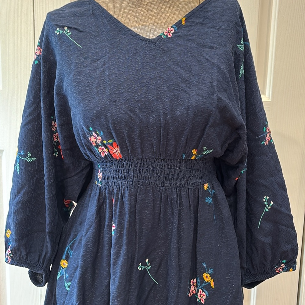 Time and Tru Navy Flowered Bishop Sleeve V-Neck elastic waist maxi  dress
